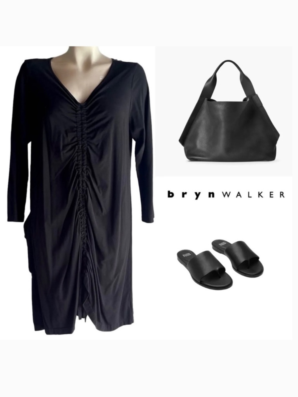 BRYN WALKER BLACK RUCHED JERSEY JOSIE TUNIC STRAIGHT SHIFT DRESS SZ XS - Picture 3 of 7